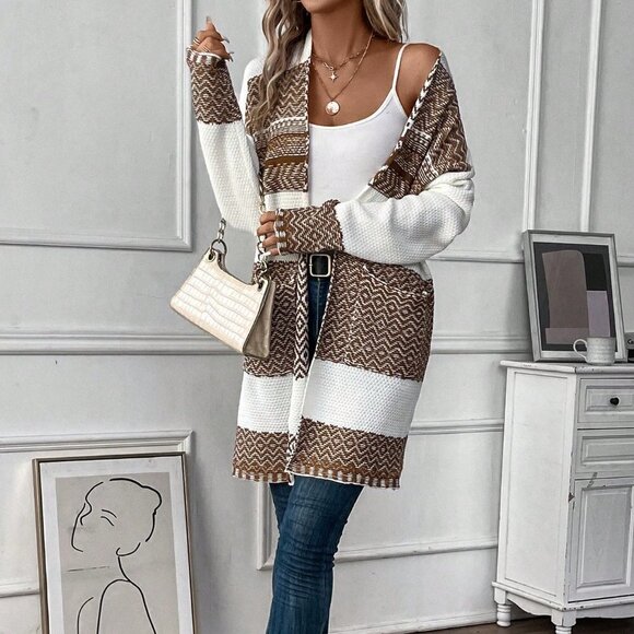 Multicolor Casual Womens Chevron Drop Shoulder Pocket Patched Duster Cardigan - Picture 1 of 5